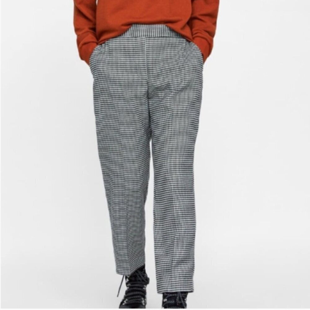 Zara Basic Women's Size Medium Cropped Houndstooth Trousers White Black Stretch